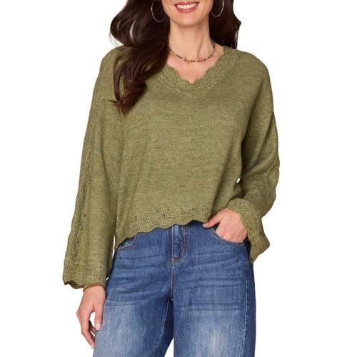 Women's Democracy Pointelle Scallop Edge Trim V-Neck Pullover Sweater - Primary Image