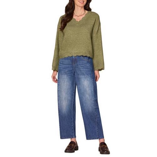 Women's Democracy Pointelle Scallop Edge Trim V-Neck Pullover Sweater - Primary Image