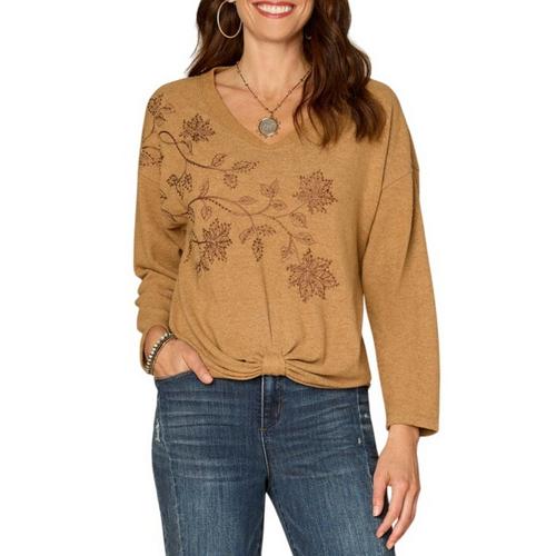 Women's Democracy Knot Hem Beaded Floral Embroidery V-Neck Pullover Sweater - Primary Image