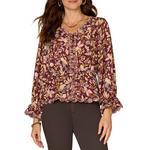 Women's Democracy Scallop Edge Printed Woven Long Sleeve V-Neck Blouse - Thumbnail 1 of 4