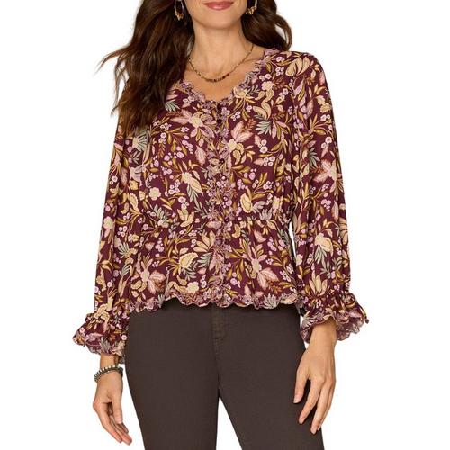 Women's Democracy Scallop Edge Printed Woven Long Sleeve V-Neck Blouse - Primary Image