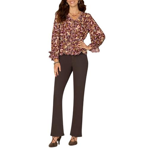 Women's Democracy Scallop Edge Printed Woven Long Sleeve V-Neck Blouse - Primary Image