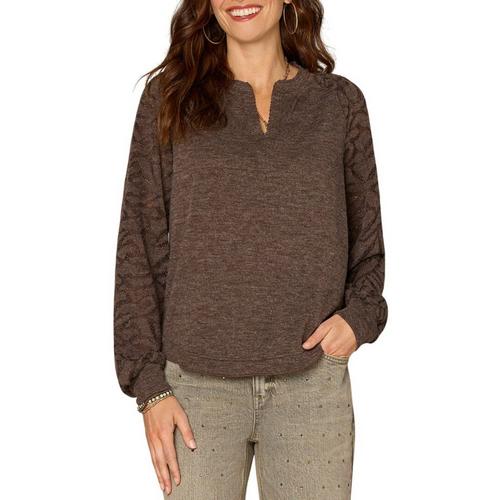 Women's Democracy Half Placket Mixed Media Knit Long Sleeve Notch Neck Shirt - Primary Image