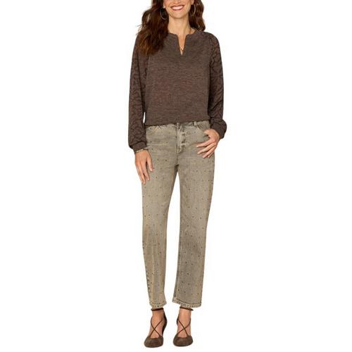 Women's Democracy Half Placket Mixed Media Knit Long Sleeve Notch Neck Shirt - Primary Image