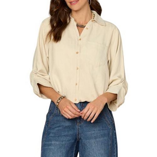 Women's Democracy Bubble Hem Woven 3/4 Sleeve Button Up Shirt - Primary Image