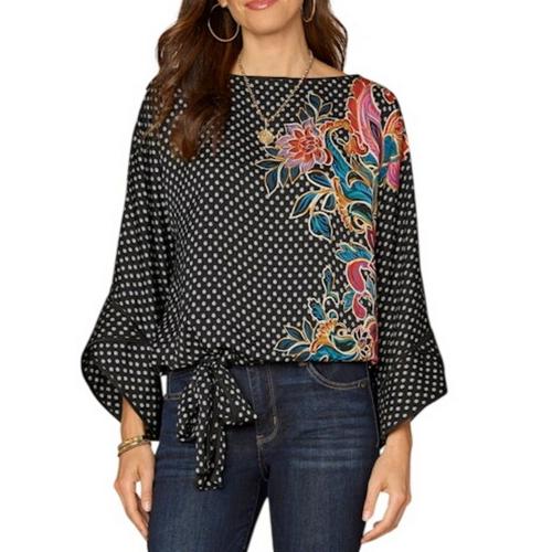 Women's Democracy Placement Print Woven 3/4 Sleeve Boat Neck Blouse - Primary Image