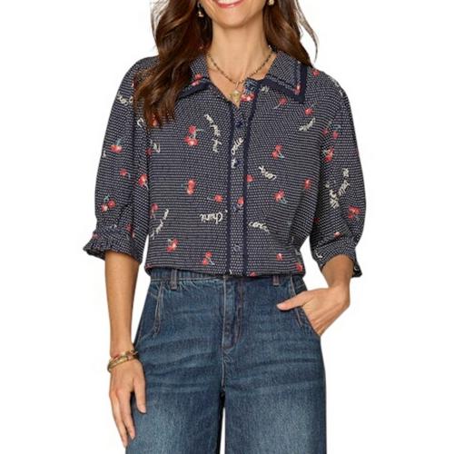 Women's Democracy Piping Detail Printed Woven Button Up Shirt - Primary Image