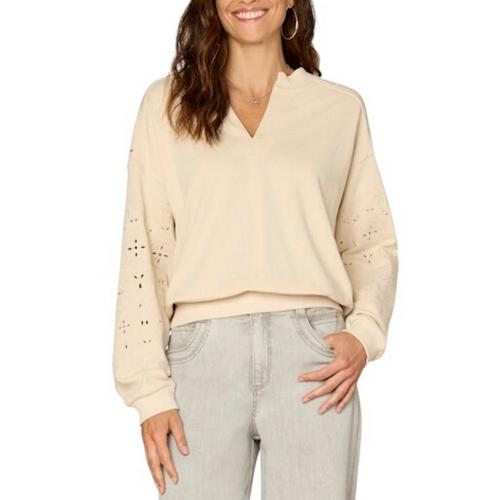 Women's Democracy Die Cut Embroidered Notch Neck Pullover Sweater - Primary Image