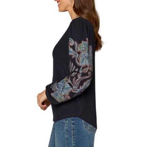 Women's Democracy Embroidered Shirtail Hem Placment Print Knit Long Sleeve Shirt - Primary Image