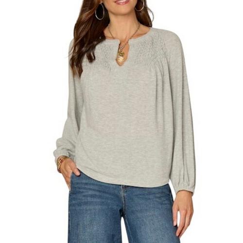 Women's Democracy Smocking Detail Knit Long Sleeve Notch Neck Shirt - Primary Image