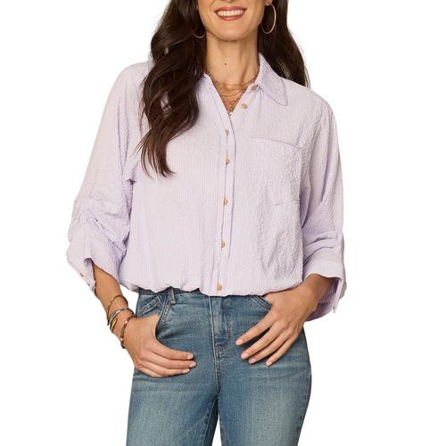 Women's Democracy Smocked Bubble Hem 3/4 Sleeve Button Up Shirt - Primary Image