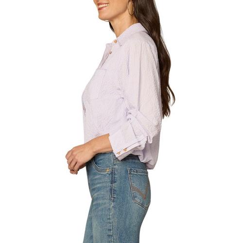 Women's Democracy Smocked Bubble Hem 3/4 Sleeve Button Up Shirt - Primary Image