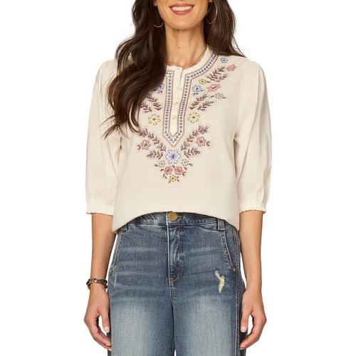 Women's Democracy Pleated Embroidered Placket 3/4 Sleeve Shirt - Primary Image