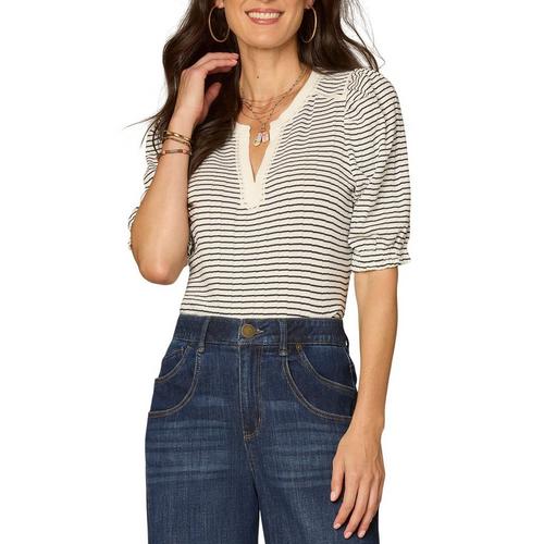 Women's Democracy Plus Size Elbow Puff Sleeve Placket Striped Notch Neck Shirt - Primary Image