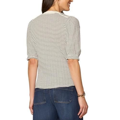 Women's Democracy Plus Size Elbow Puff Sleeve Placket Striped Notch Neck Shirt - Primary Image