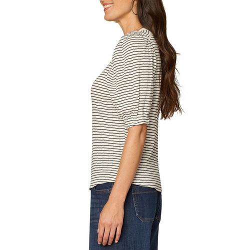 Women's Democracy Plus Size Elbow Puff Sleeve Placket Striped Notch Neck Shirt - Primary Image