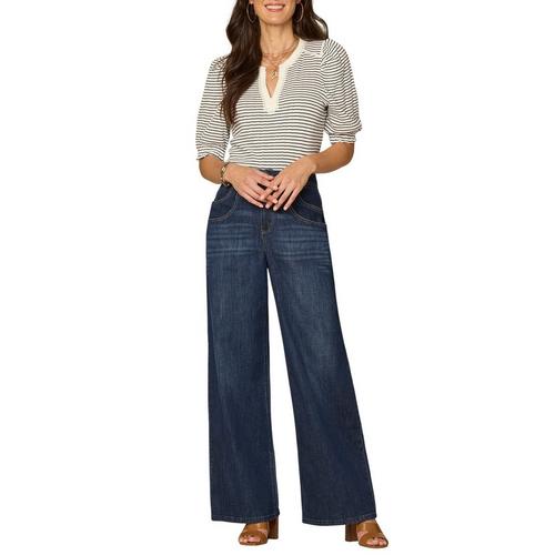 Women's Democracy Plus Size Elbow Puff Sleeve Placket Striped Notch Neck Shirt - Primary Image