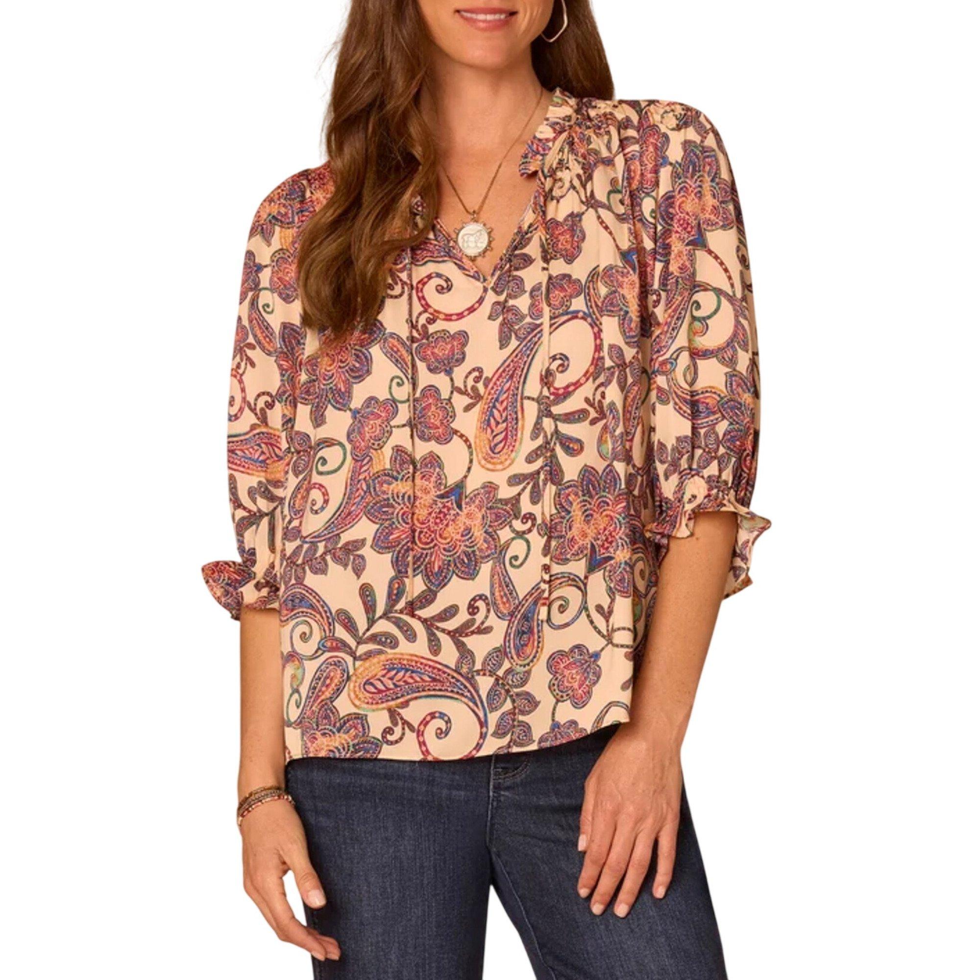 Women's Democracy Honeycomb Embroidered Printed Long Sleeve V-Neck Blouse