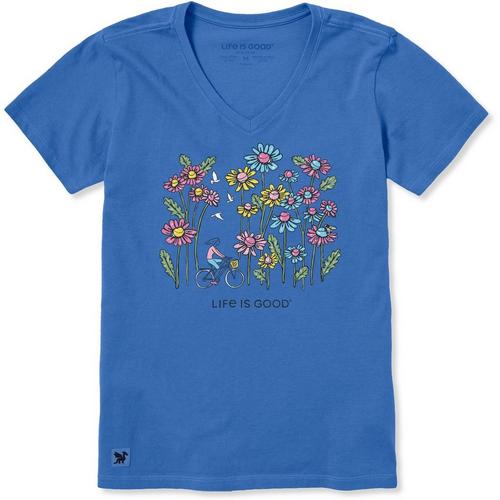 Women's Life is Good Biking with Doves and Daisies V-Neck T-Shirt - Primary Image