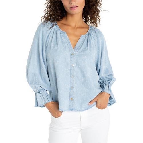 Women's Liverpool Los Angeles Shirred Woven 3/4 Sleeve Notch Neck Button Up Shirt - Primary Image