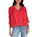 Women's Liverpool Los Angeles Eyelet Woven 3/4 Sleeve V-Neck Shirt - Thumbnail 1 of 3