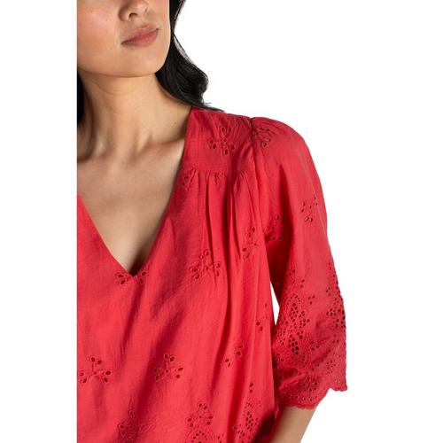 Women's Liverpool Los Angeles Eyelet Woven 3/4 Sleeve V-Neck Shirt - Primary Image