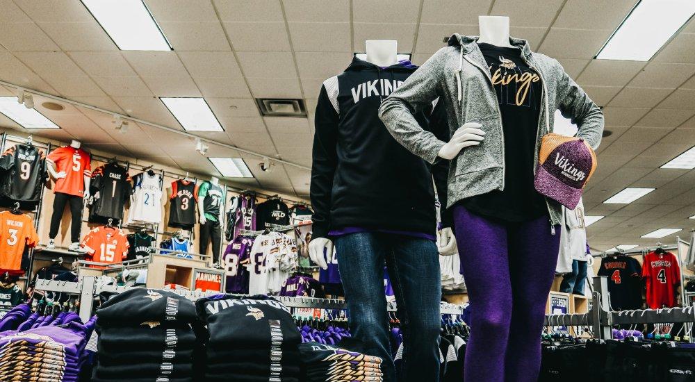 A variety of Viking fan gear on display in St. Cloud SCHEELS.