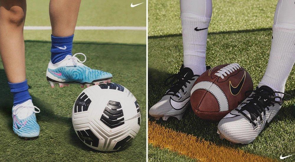 a split image of soccer and football cleats