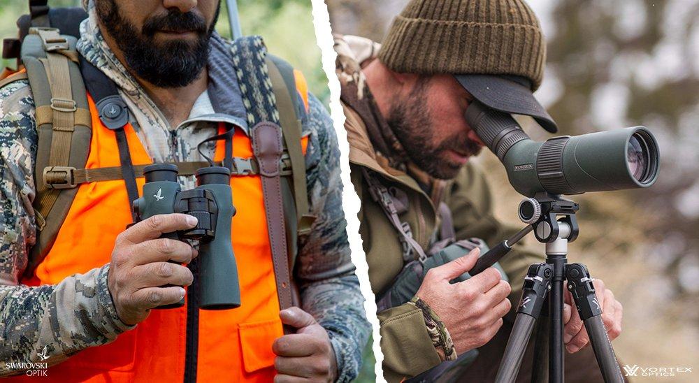 a split image of hunters using a pair of binoculars and a spotting scope