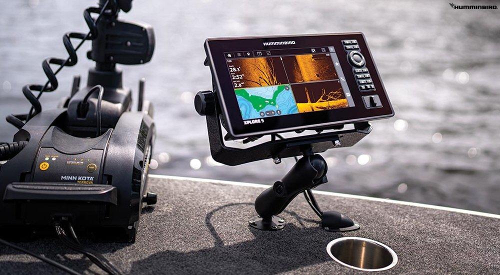 a humminbird fish finder on a boat with a trolling motor