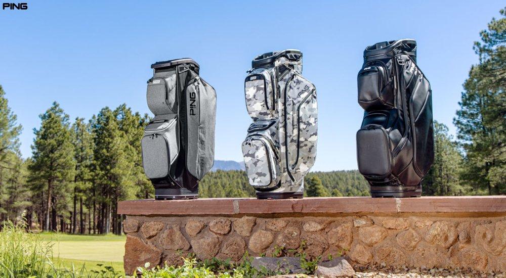 three ping golf bags lined up on the golf course