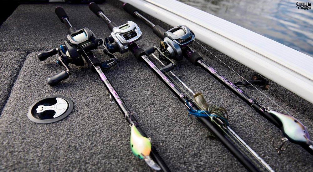 a variety of baitcasting rods on a boat
