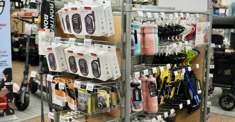 A variety of bike accessories on display at SCHEELS.