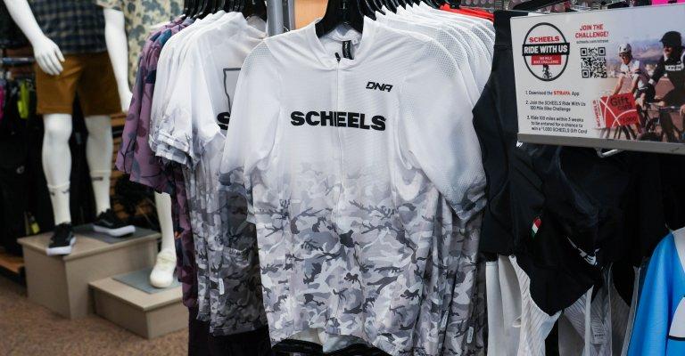 A variety of cycling apparel on display at SCHEELS.