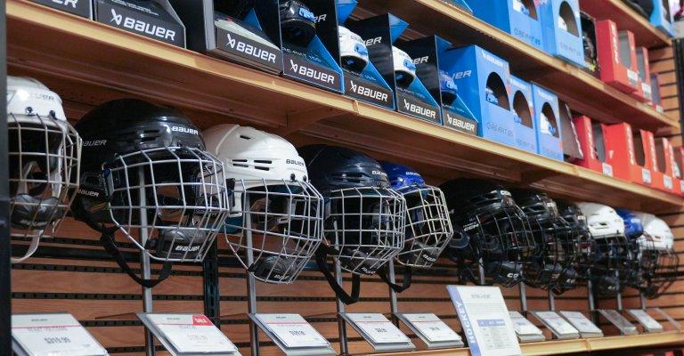 A variety of hockey helmets on display at SCHEELS.