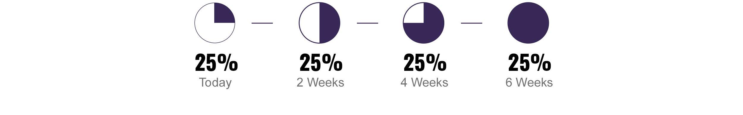 25% Today, 25% in 2 Weeks, 25% in 4 Weeks, 25% in 6 Weeks