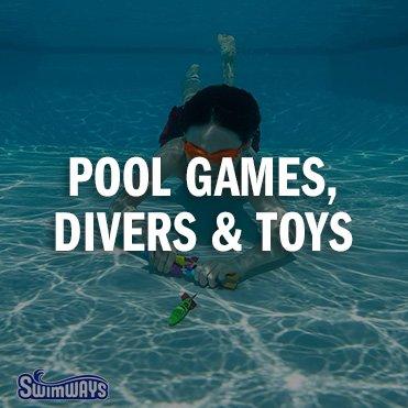 Swimways lifestyle image of a child playing in pool. Text: Pool Games, Divers & Toys
