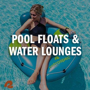 Retrospec lifestyle of person sitting on pool float. Text: Pool Floats & Water Lounges