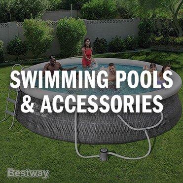 Bestway lifestyle image of people swimming in backyard pool. Text: Swimming Pools & Accessories