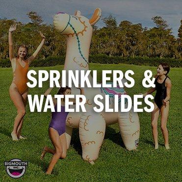 Big Mouth lifestyle of children playing with sprinkler. Text: Sprinklers & Water Slides