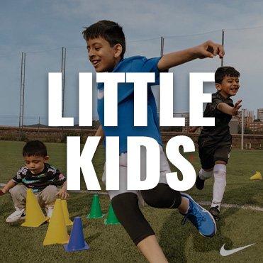 Text: "Little Kids" Lifestyle Image of Little Kid Playing Soccer
