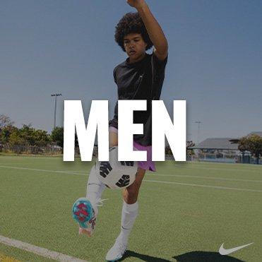 Text: "Men" Lifestyle Image of Man Playing Soccer