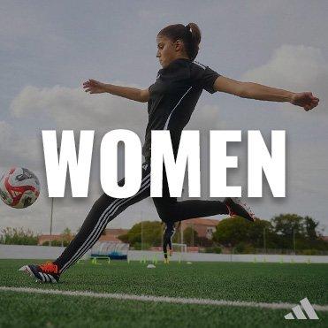 Text: "Women" Lifestyle Image of Woman Playing Soccer