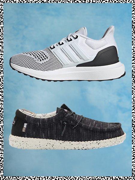 White birks and adidas and heydude