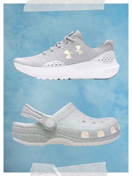 Pink adidas and white crocs and sandals