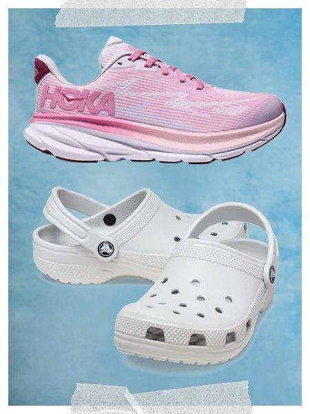 Pink hokas and white crocs