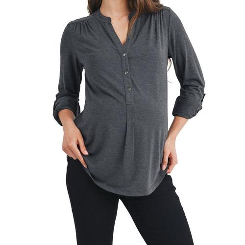 Women's Hello Miz Maternity Nursing Friendly Long Sleeve Notch Neck Henley - Primary Image