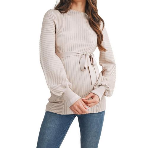 Women's Hello Miz Maternity Belted Mock Neck Pullover Sweater - Primary Image