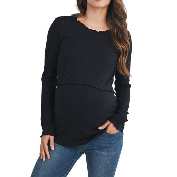 Women's Hello Miz Maternity Ribbed Lettuce Trim Nursing Friendly Long Sleeve T-Shirt