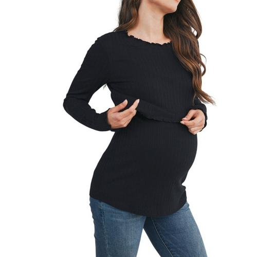 Women's Hello Miz Maternity Ribbed Lettuce Trim Nursing Friendly Long Sleeve T-Shirt - Primary Image